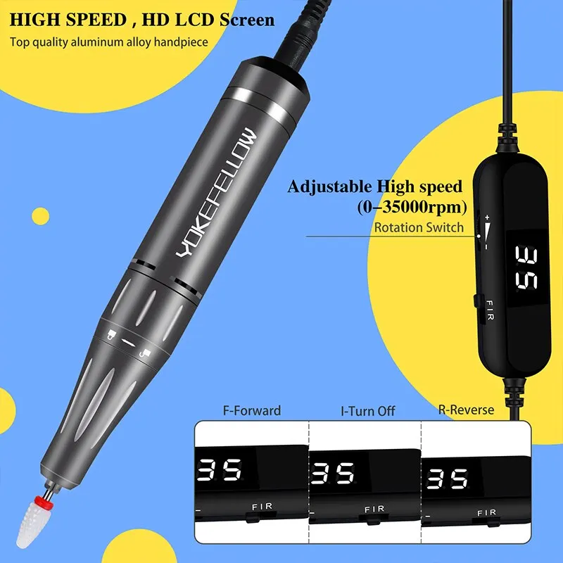 YOKEFELLOW elektryczna wiertarka do paznokci 35000 obr./min profesjonalny elektryczny zestaw pilników do paznokci do żelu akrylowego Manicure Pedicure Efile