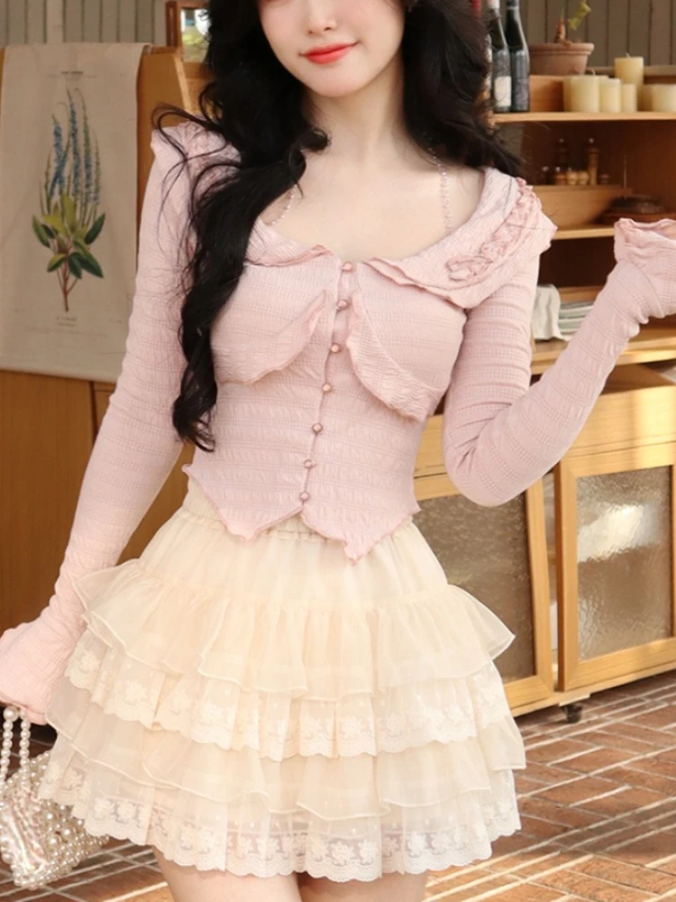 Estate rosa francia dolce camicetta donna sottile giapponese Lolita carino camicetta femminile manica lunga stile coreano abbigliamento estate 2023