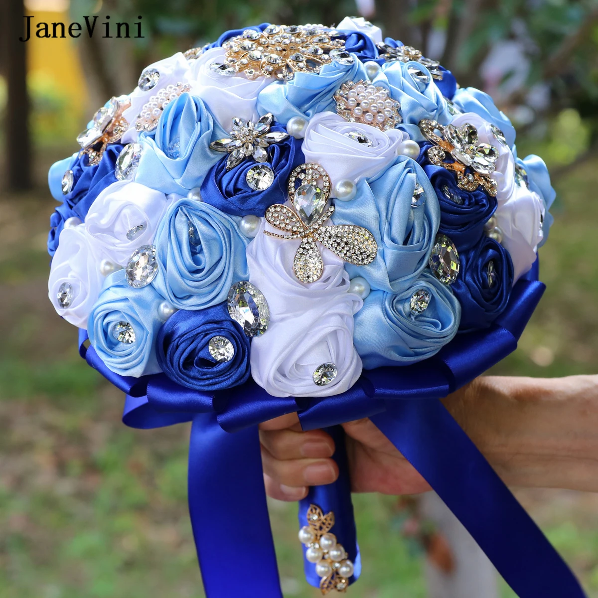 

JaneVini Blue White Ribbon Flowers Bling Crystal Pearls Bridal Bouquets Handmade Satin Roses Wedding Bouquet Ramos De Novia 2022