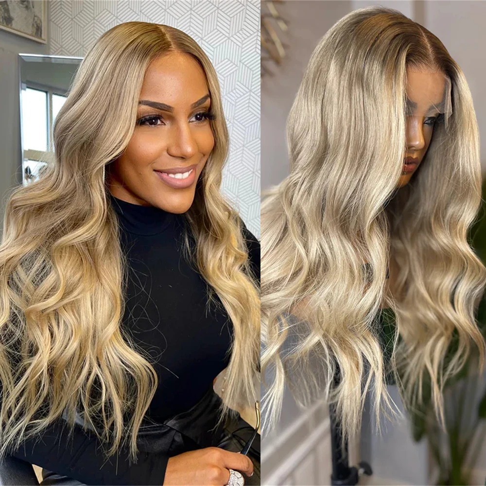 Luxury Women's Wig Middle Part Glueless Wig Ombre Ash Blonde Highlights Synthetic HD Lace Front Wig Preplucked Ombre Dark Roots