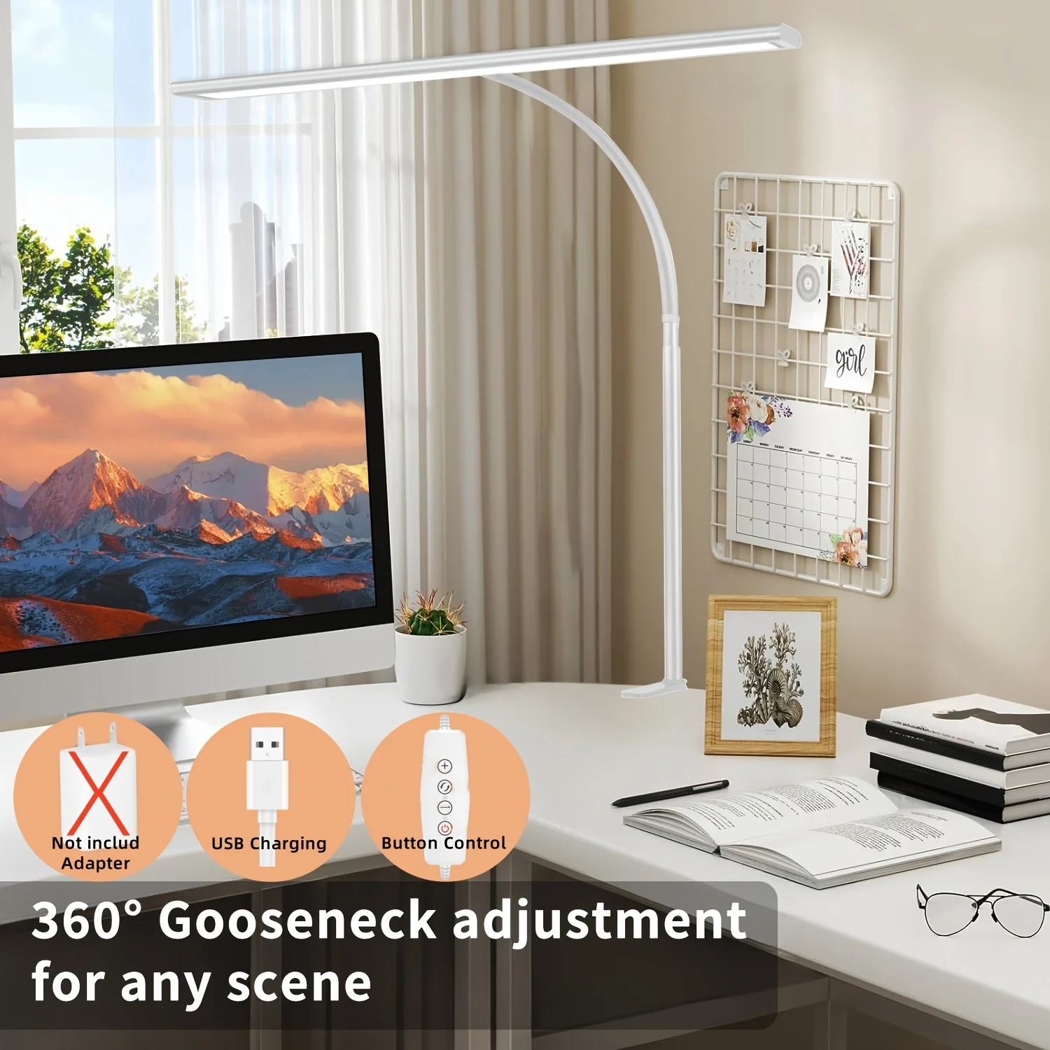 

LED Desk Lamp for Home Office, New Upgraded White Design Reading Light, USB Charging, Eye-Caring Task Light for work, learn