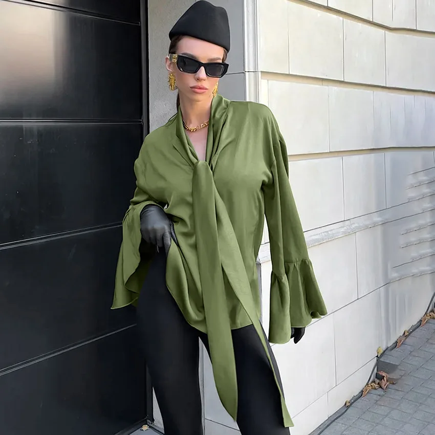 قميص Bonboho نسائي أبيض بأكمام واسعة قمصان بيضاء كسول فرنسية بياقة كبيرة الحجم وأكمام واسعة وربطة جانبية كاجوال للمكتب