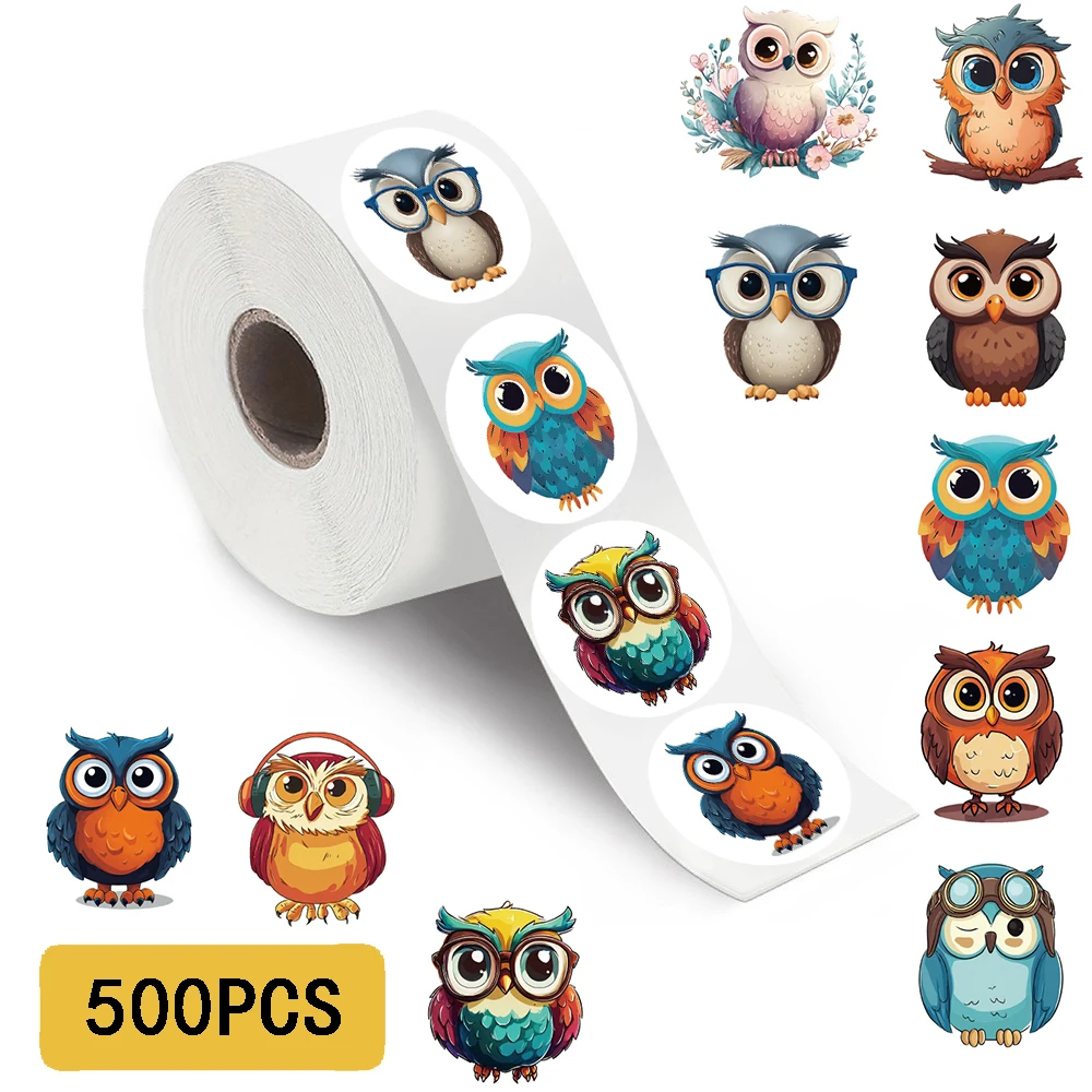 500 uds/rollo de pegatinas de búho de dibujos animados Kawaii, cuaderno creativo, estético, lindo pájaro, equipaje, motocicleta, cuaderno, pegatinas para ordenador portátil