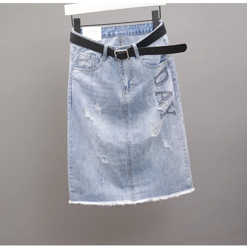 Summer Women High Waist Denim Skirt Casual Hole Ripped Letters Hot Stamping Jean Skirt Chic Wrap Hip Thin Short Skirt