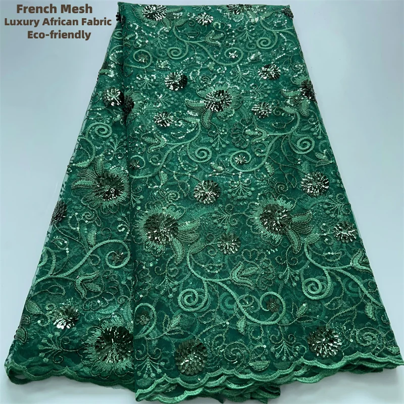 Green French Mesh Tulle Lace Fabric 2024 High Quality Nigerian Net Lace Fabric Sequined Embroidery African Dress for Women A3846