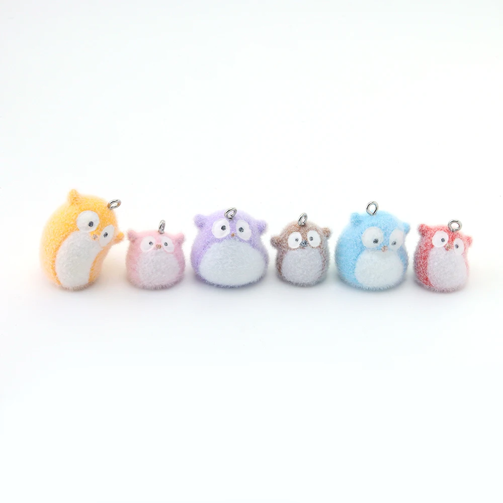 24pcs 3D Flocking Resin Colorful Owl Charms Animal Plush Dolls Pendants for Keychain Earrings Making DIY Jewelry Accessories
