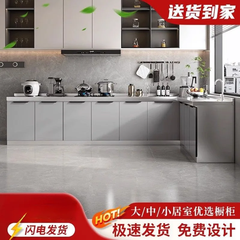 Stainless steel  one-shaped sink  cupboards simple rental storage kitchen  stove complete set