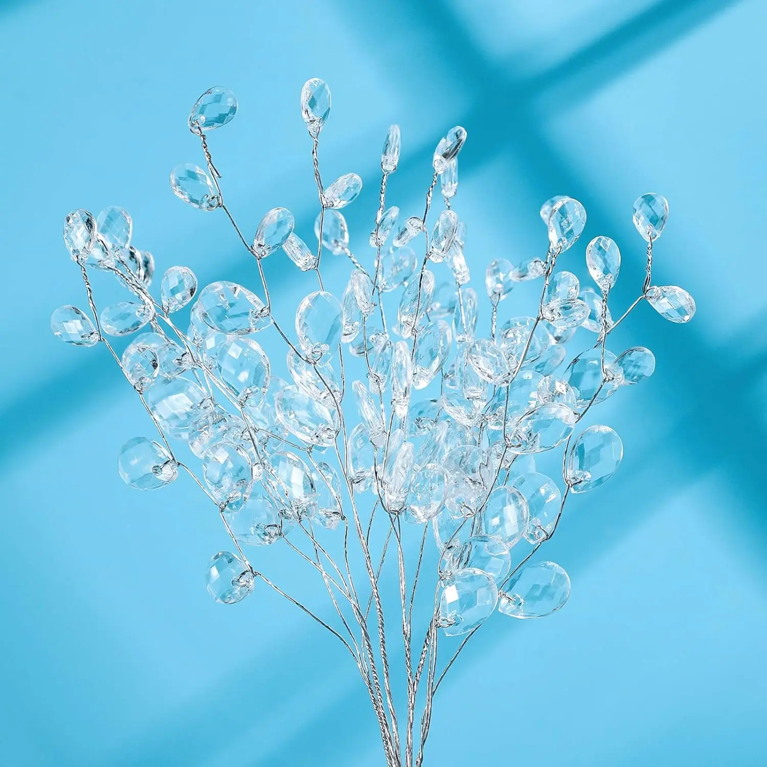 50 Stems Artificial Bouquets Acrylic Bead Drops Flower Branches Bead Sprays for Wedding DIY Crafts (White, 17cm)