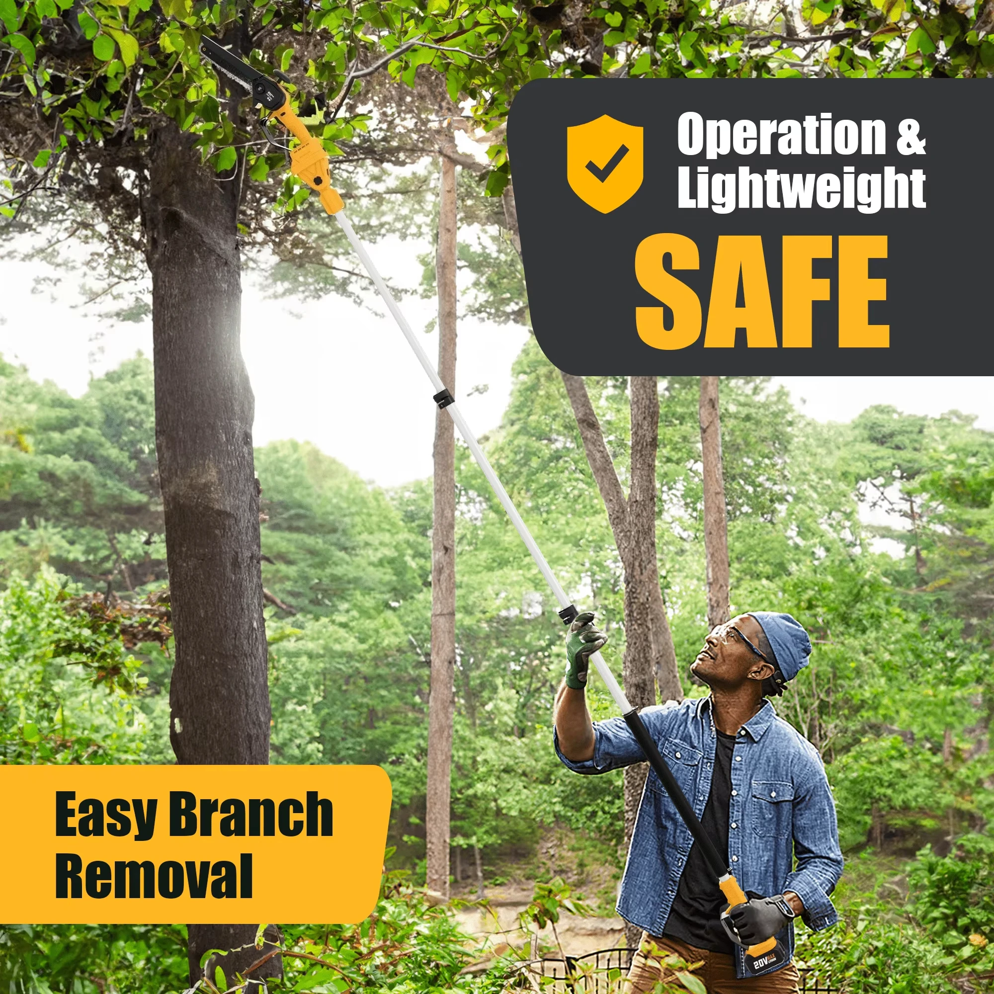 2-in-1 Yellow Pole Saw With 6-inch Chains A High Extension 21V 4.0Ah Battery Powered Tree Trimming Saw Extendable Wood Cutting