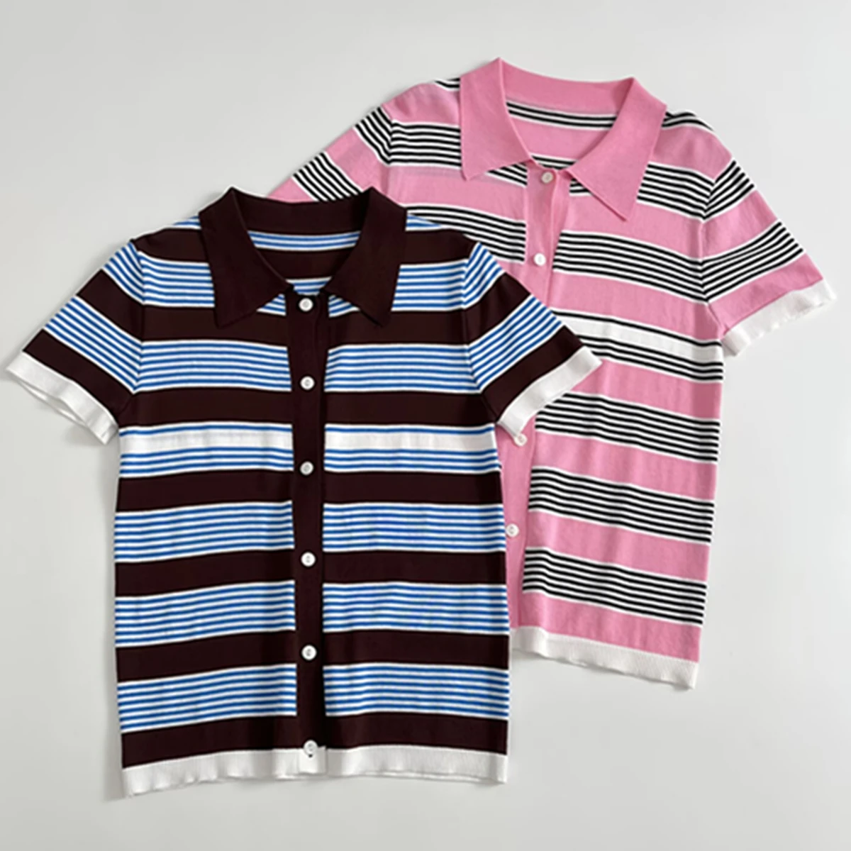

Jenny&Dave Nordic Minimalist Color Striped Short-sleeved Polo T-shirt Summer Retro French Fashion Soft Knitted T-shirt For Women