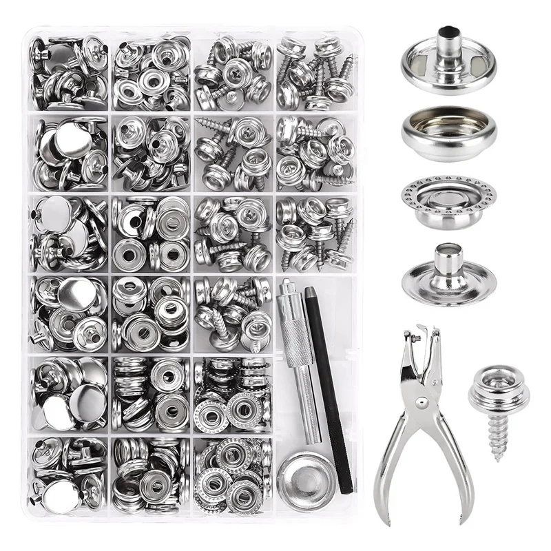 Canvas Snap Kit Marine Grade Stainless Steel Snaps,Screw Snaps,Boat Cover Snaps,Carpet Snap Kit With Setting Tool 314PC