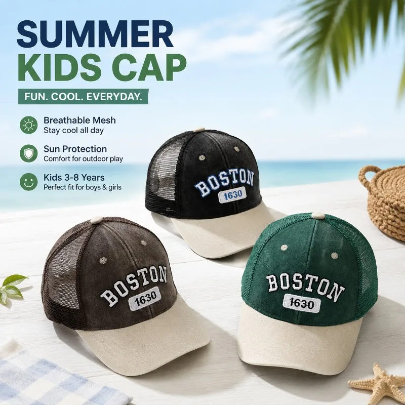 

Korean Vintage Washed Boston Kids Baseball Cap Spring Autumn Breathable Mesh Peaked Hat Sun Shade Casual Headwear for Boys Girls