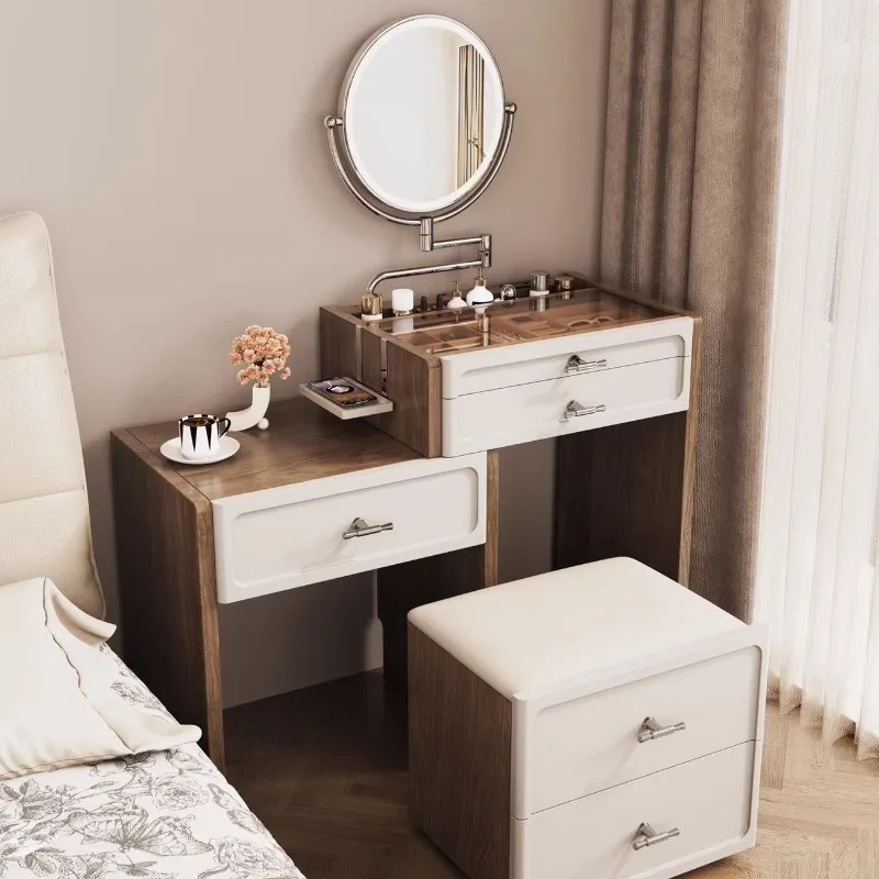 Small apartment dresser, bedside table integrated small apartment bedroom solid wood makeup table, ultra-narrow retractable