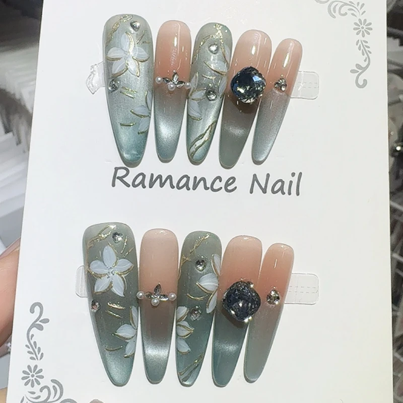 Faux ongles longs en amande faits à la main, 10 pièces, Style papillon tridimensionnel, diamant, Kit cadeau pour Nail Art