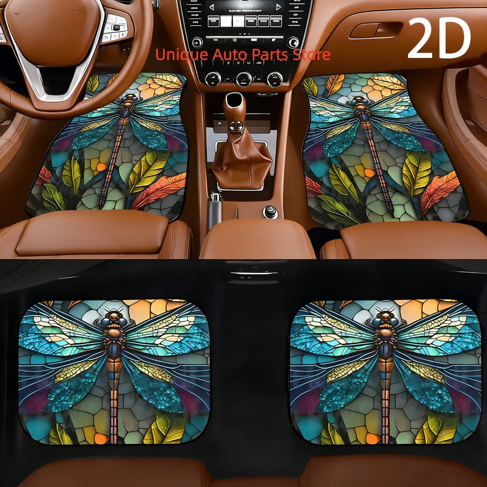 4pcs Set - 2D Flat Car Floor Mats, With Dragonfly Pattern, Universal Car Floor Mats, Suitable For All Seasons, Anti-slip, Anti-s