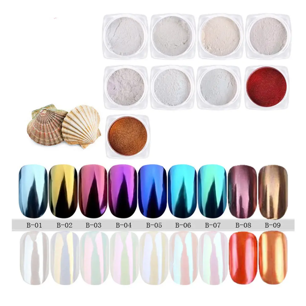 9Pcs Shell Powder Nail Art Glitter Vivid Colors Long-Lasting Mirror Nail Polish Powder for DIY Manicure Rainbow Metallic Pigment