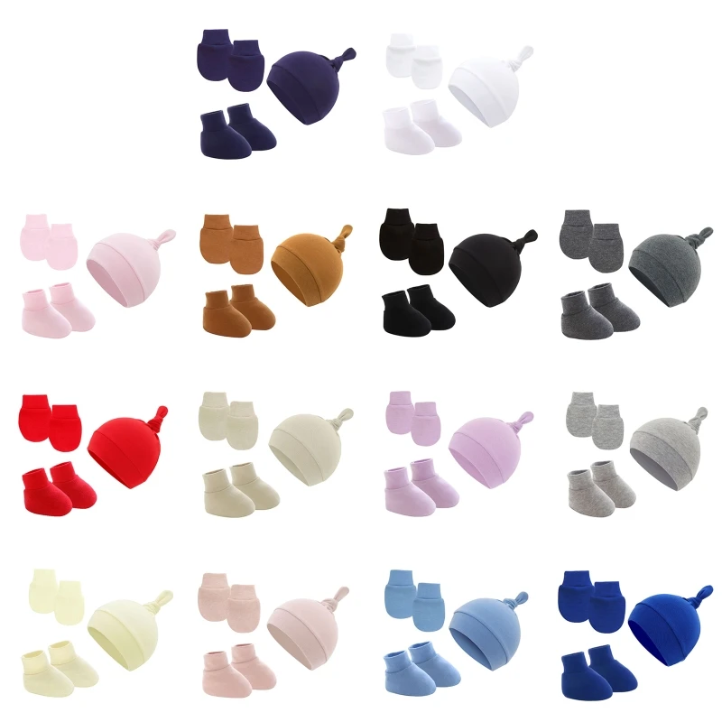 HX5D 3 Pieces Newborn Hat Mittens SockS Set No Scratch Gloves for 0-12 Months Boy Girl