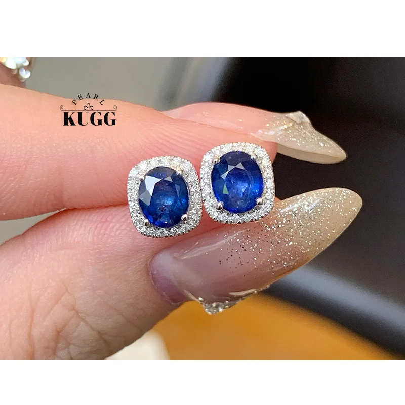

KUGG 100% 18K White Gold Earrings Women Shiny Diamond Natural Sapphire Stud Earrings Elegant OL Style High Party Jewelry