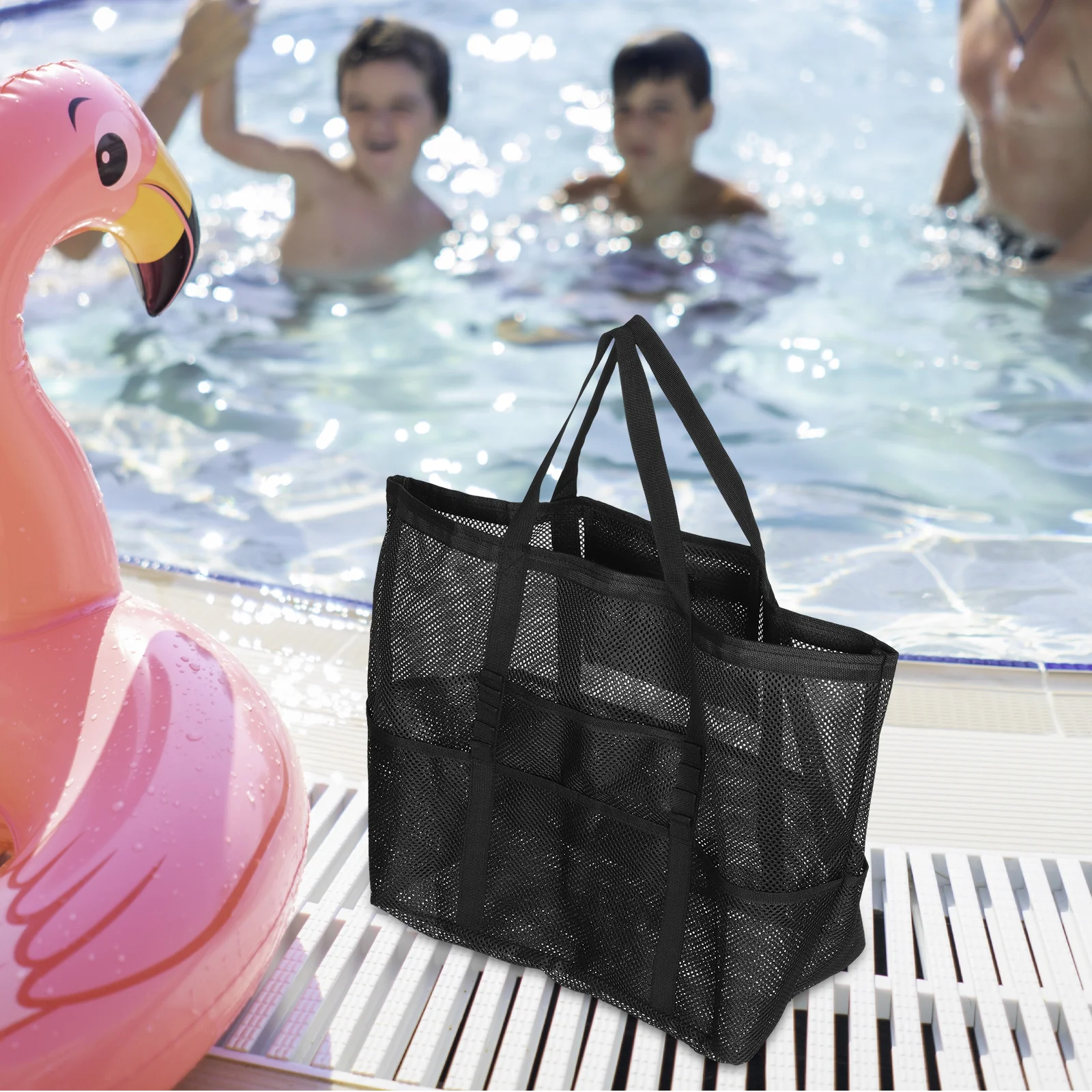 

Large Mesh Beach Tote Bag Swim Storage Bag Zipper Pocket Portable Lightweight Carry Handle for Outdoor Use Women