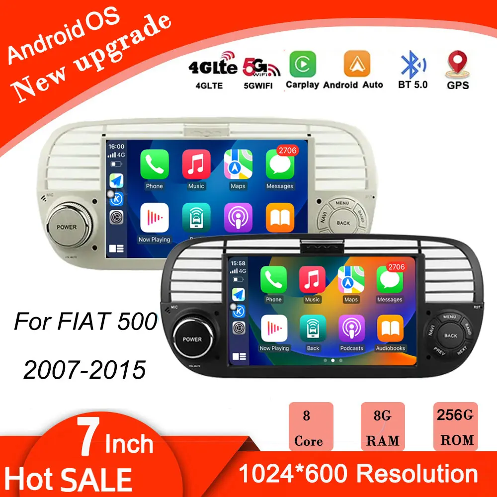 7 Inch For FIAT 500 2007 - 2015 Android 14 Car Multimedia Player GPS Carplay Auto Radio DSP Stereo Video Audio Head Unit