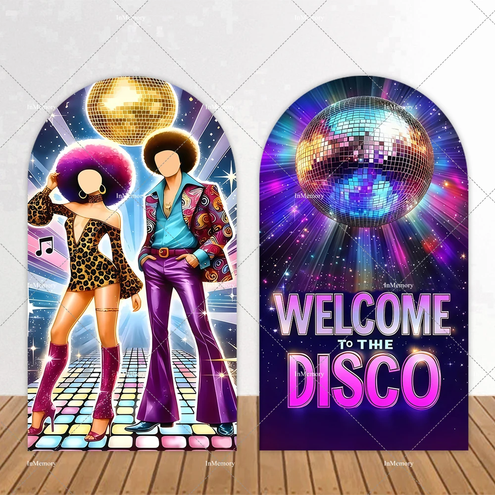 Welcome To The Disco Party Arch Backdrop Cover Retro Dance Back to the 80s 90s Neon Glow Arched Background 2-sided