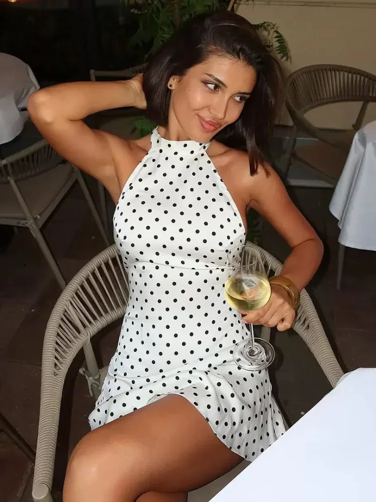 Chic Backless Polka Dot Halter Dress Women's Sleeveless Off Shoulder Lace Up Mini Vestidos 2026 Summer Lady Holiday Party Robe