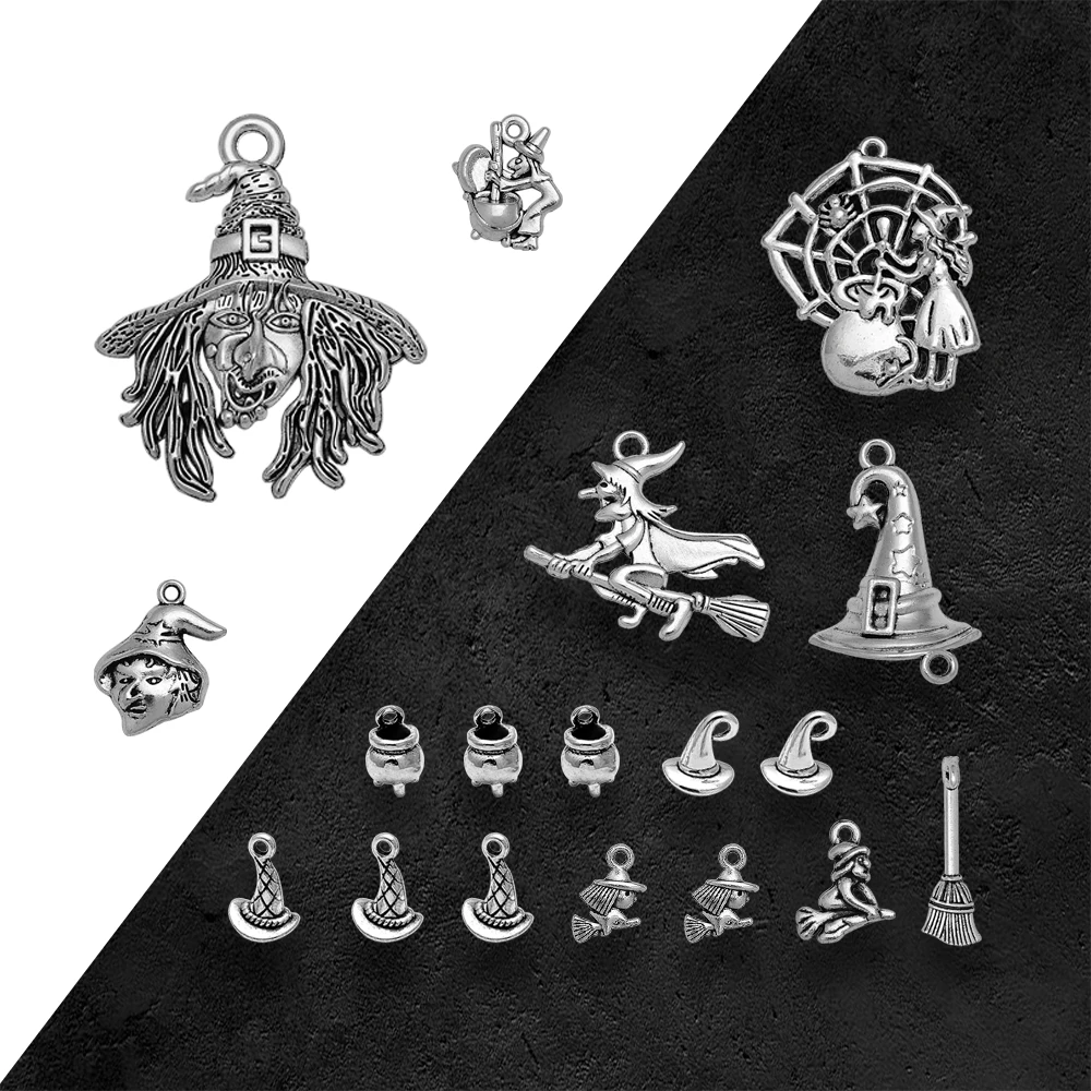 3-40 sztuk/partia antyczny posrebrzany Halloween Charms czarownica kociołek kapelusz wisiorki do wyrobu DIA biżuteria akcesoria
