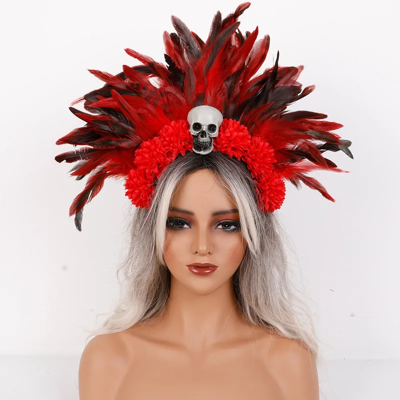 Diadema de plumas y flores artificiales Le Cool Halloween, diadema de gran tamaño para sesiones de fotos y accesorios de disfraces.