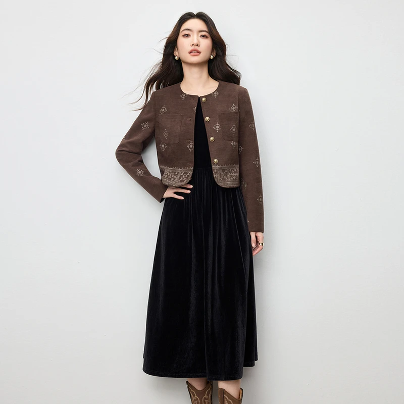 

SENTUBILA Bohemian Matching Set Women Autumn 2026 Vintage Ethnic Style 2 Piece Outfit O-Neck Coat & Slim Vest Dress 154ZB3491