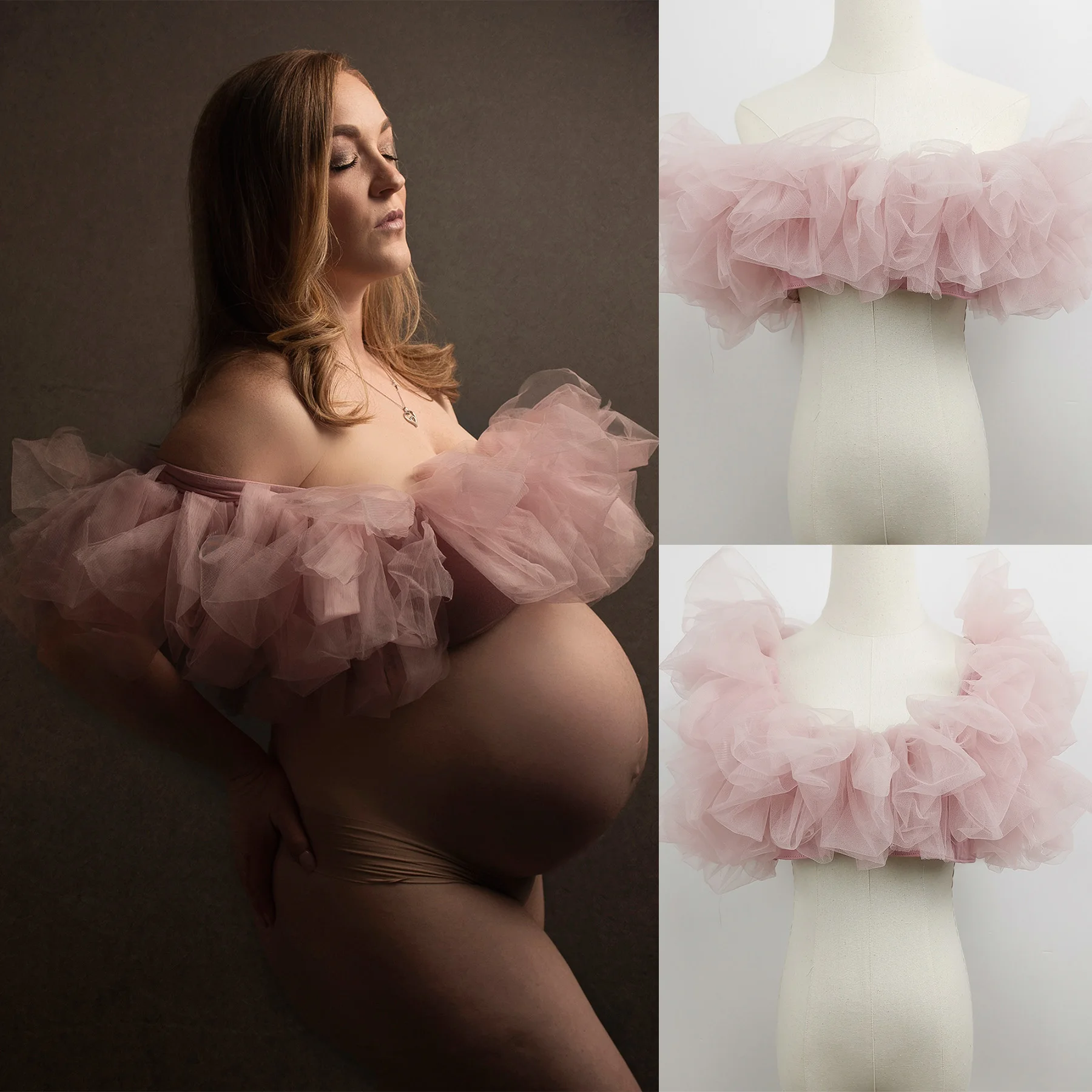 Don&Judy Tulle Puffy Ruffle Crop Top Maternity Dresses Accessories Shoulderless Ruffle Top for Photo Shoot Maternity Photography