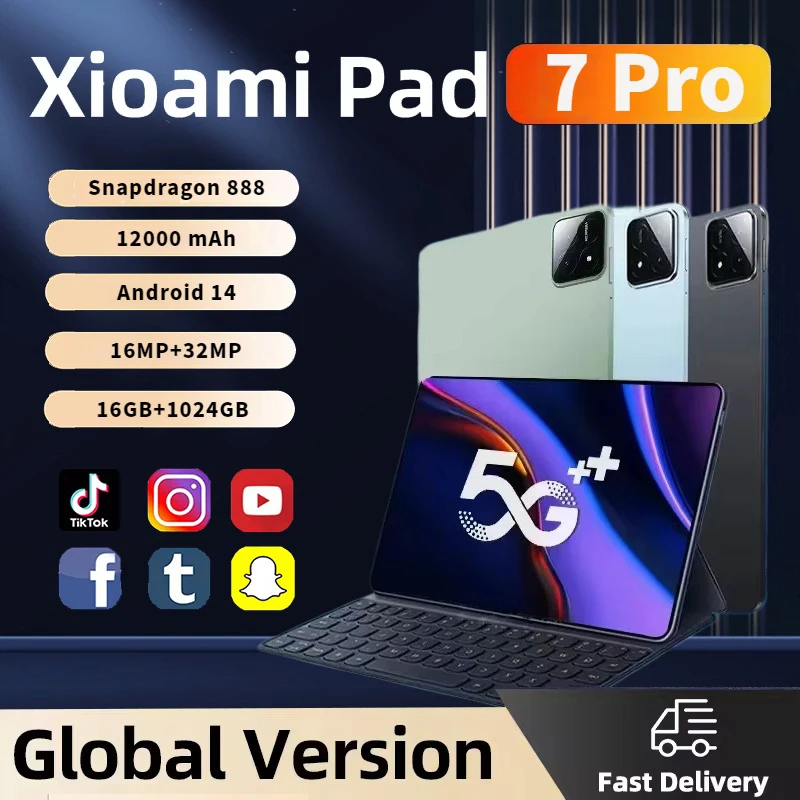 2025 Global Version Original Pad 7 Pro Tablet Android 14 Snapdragon 888 Call Phone Tablets GPS 5G WiFi Dual SIM HD 4K Mi Tab