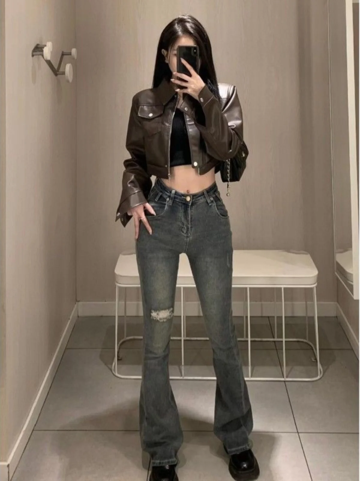 Browan couro jaet feminino primavera outono novo design retro americano legal ort solto motocicleta couro jaet