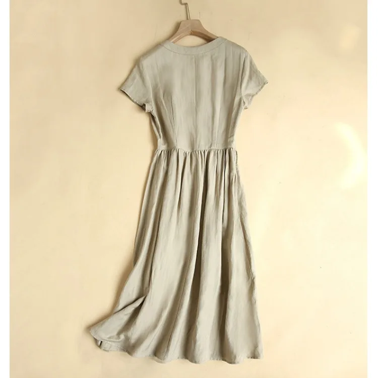 Summer Slimming V-Ne Midi Dr Faionable Thin Cotton Linen Blend Waist-Cinching ort Sve Retro Skirt Commute Sle