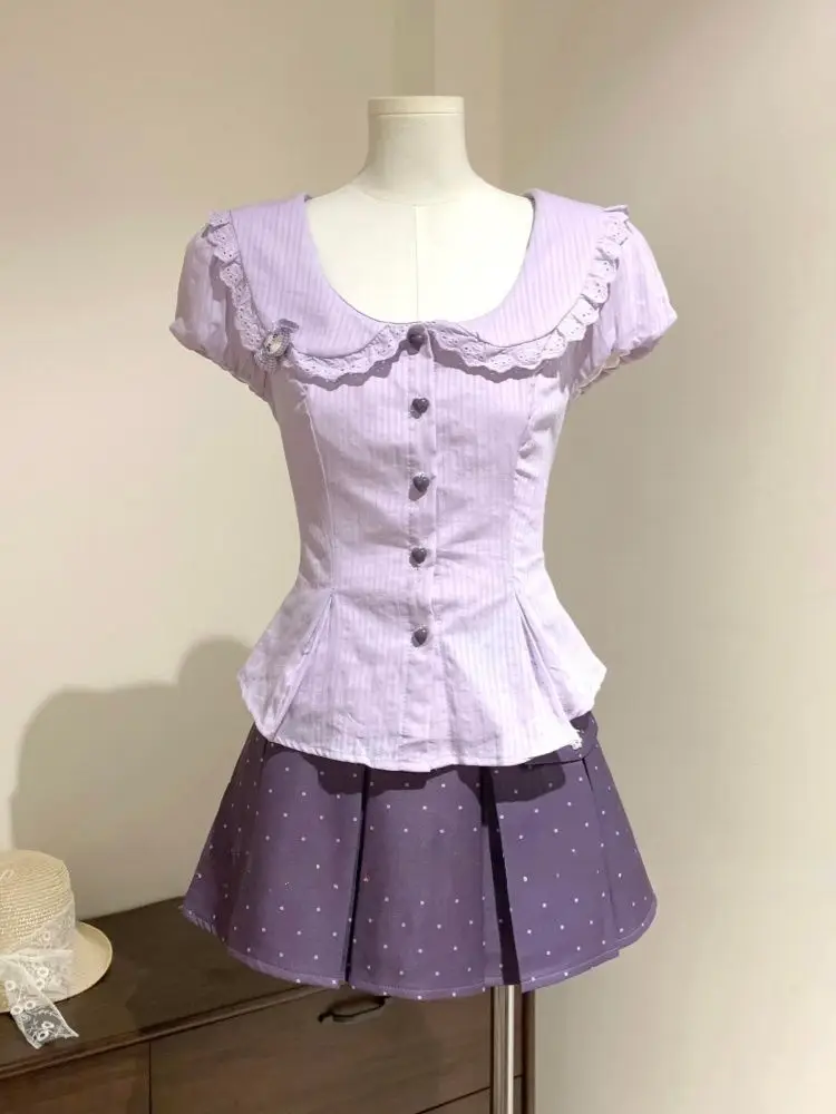 Y2k Japan Kawaii 2 Piece Skirt Set Women 2000s Harajuku Vintage Sweet Solid Suits Lolita Short Sleeve Top + Polka Dot Mini Skirt