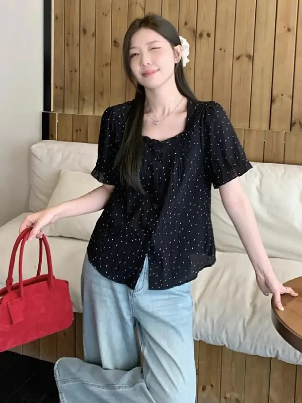 

Женская блузка больших размеров в горошек с коротким рукавом, свободного кроя, с квадратным воротником, летний топ, корейский стиль, для повседневной носки