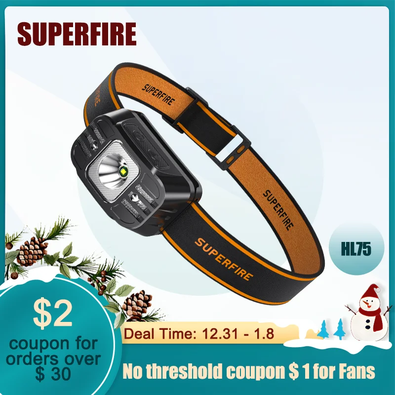 SUPERFIRE Mini LED Rechargeable USB C Headlamp High Power Mini Head Lamp Light Sensor Headlight Front Light For Working Fishing