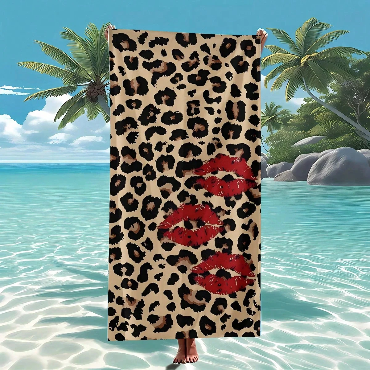 1pc Leopard Print Beach Towel - Soft, Quick-Dry Microfiber With Red Lip Design, Swimming, Beach Vacation, Beach Essentials