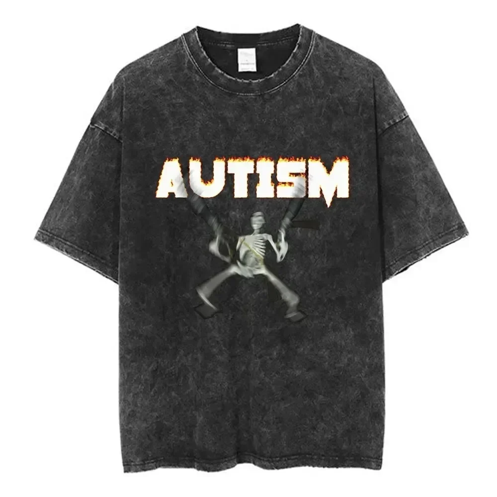 

Autism Skeleton Meme T Shirt Funny Skull Men Women Fashion Hip Hop Vintage Washed T-shirt Cotton Short Sleeve Oversized T-shirts