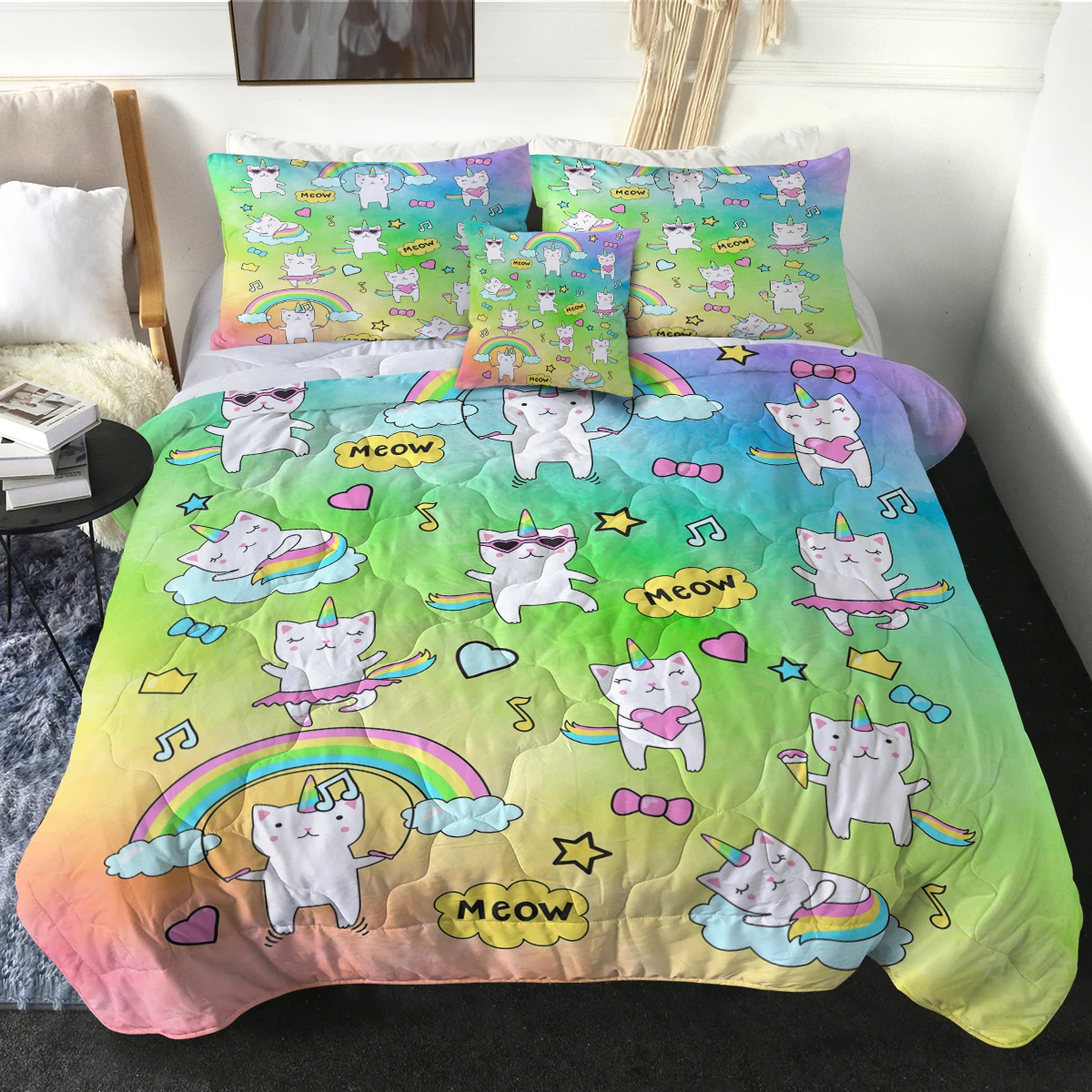 Cartoon Unicorn Design Unicorn Dancing and Listening to Music Printed Comforter Set Modern Bedspread Home Decor