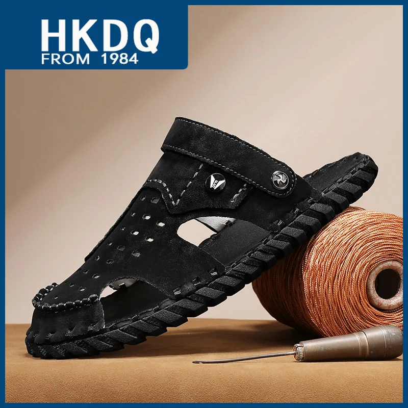 

HKDQ Black Suede Men's Summer Shoes Fashion Leather Comfortable Slip-on Flat Sandals For Men Trend Outdoor Non-slip Slippers Men