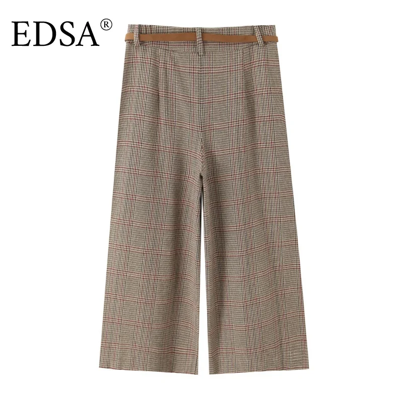 EDSA شورت نسائي طويل بنقش مربعات مع حزام عالي الخصر وسحاب جانبي سروال نسائي غير رسمي #2