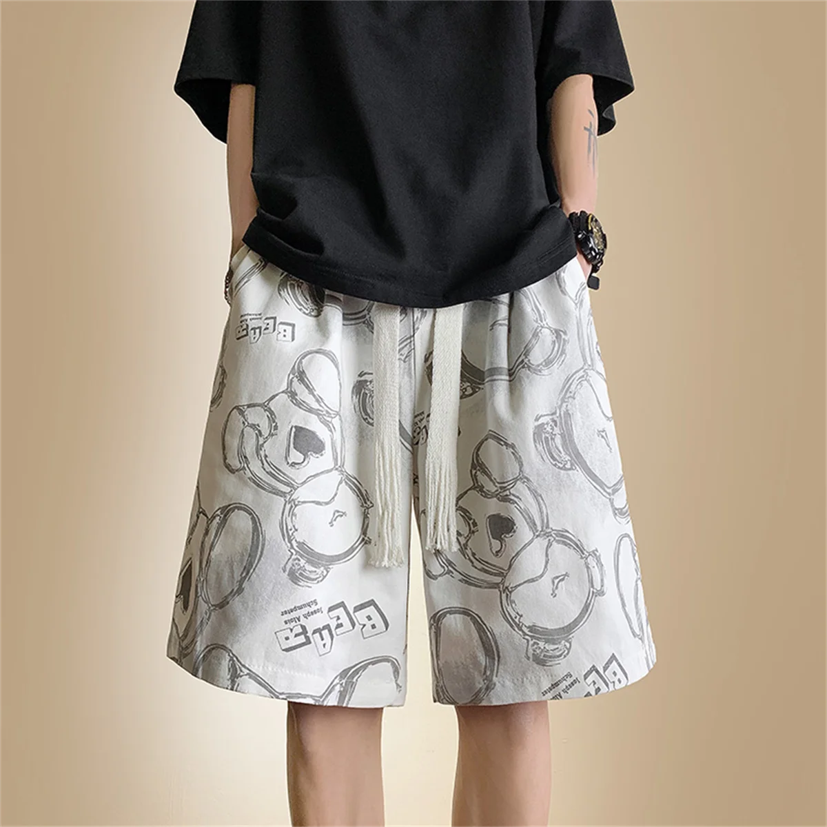 Cool Bear Print High Street Oversize Basketball Shorts for Men\'s Black Summer Korean Wide Leg Casual Gothic Shorts Boys