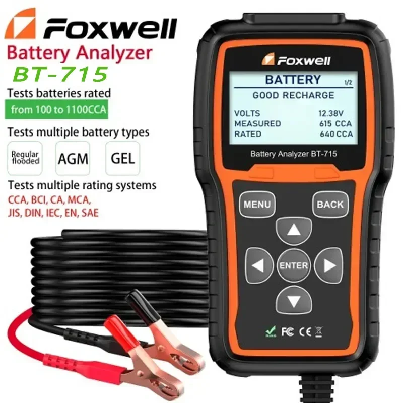 Foxwell BT715 Car Battery Analyzer 12V 24V AGM 100-2000 CCA Cranking/ EFB Flat Plate Battery TesterMulti-Language Update BT715 +