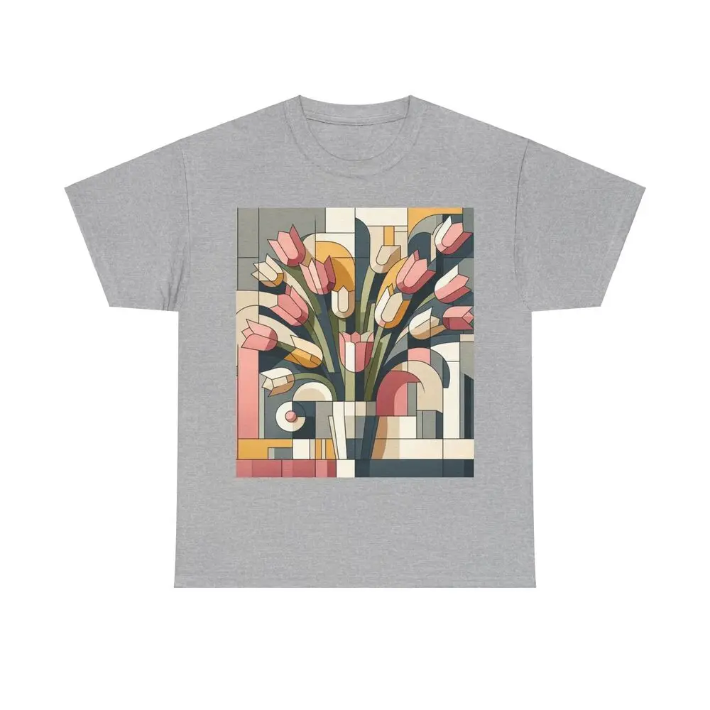 Pink And Yellow Tulips In Vase Cubist Style Unisex T-shirts For Men Women Summer Tees Cotton Luxury Brand Vintage Oversized