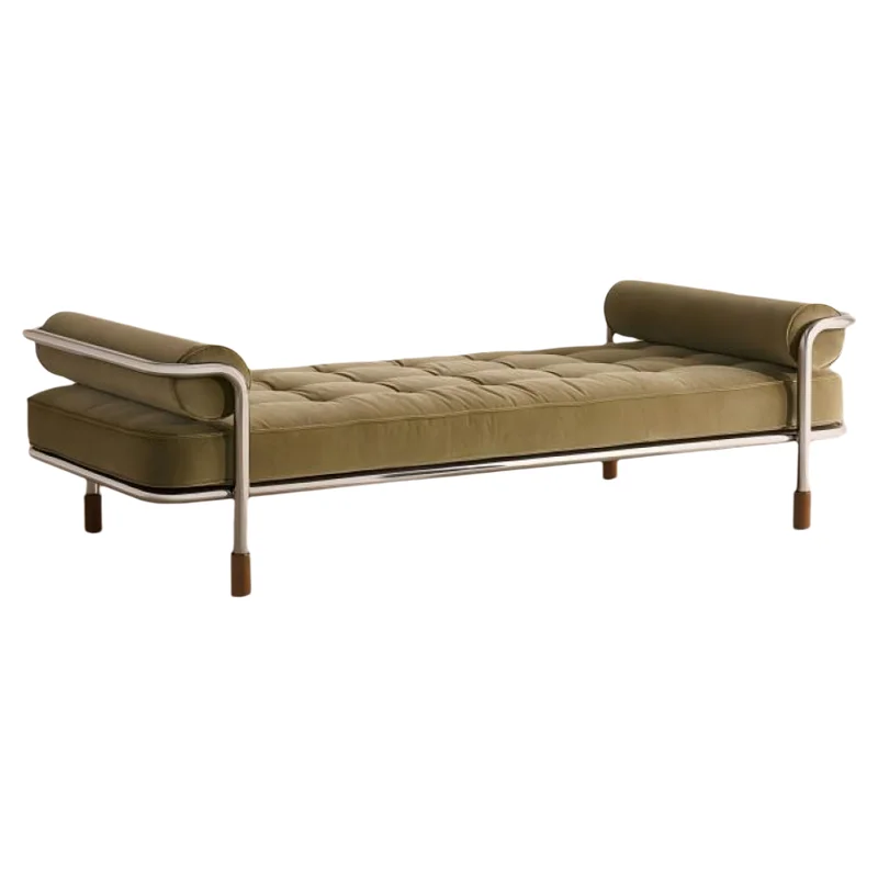 *Minimalist Chrome Metal Frame Sage Green Velvet Tufted Day Bench With Double Bolster Pillows for Living Room Bedroom Hotel Vill
