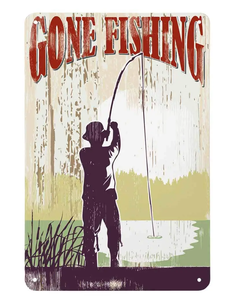AOYEGO Gone Fishing Tin Sign,Man Lake Grass Rod Hobby Outdoor Relax Fish Water Botanical Nature Vintage Metal Tin Signs for Cafe