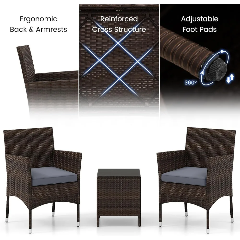 3 Pieces Patio Rattan Furniture Set, Outdoor Conversation Set with PE Wicker Armchairs, Tempered Glass Top Coffee Table, Soft R