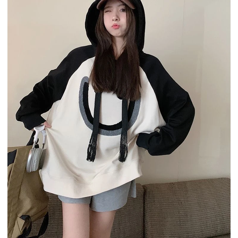 Spring Autumn New Thin Contrast Patchwork Hoodies Long Sleeve Embroidery Loose Casual Pullovers Top Fashion Korean Women Clothes