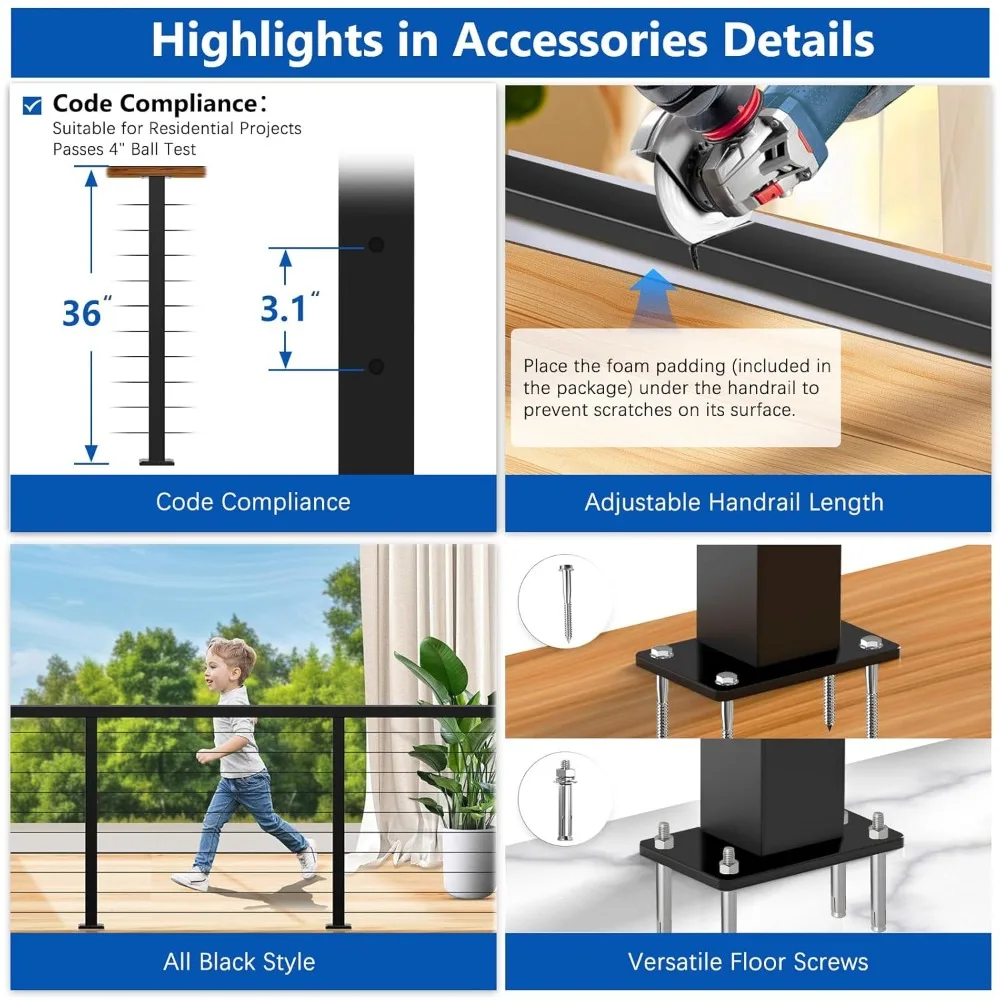 36-Inch Black T304 Stainless Steel Cable Railing System with Adjustable Handrail and Posts