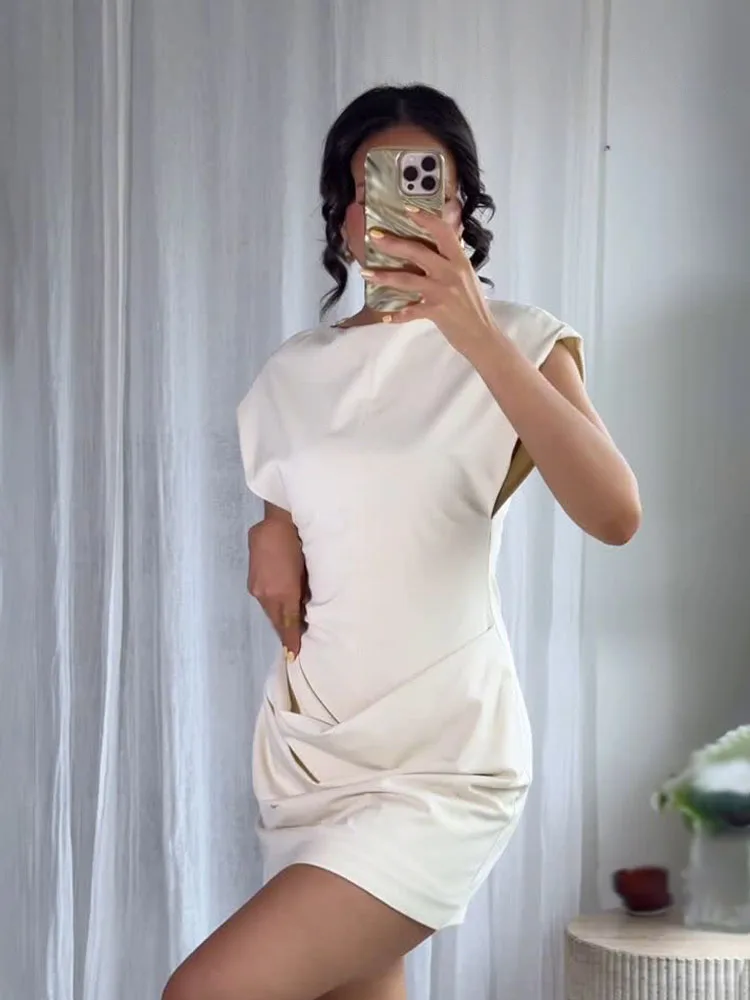 HH femme nouvelle mode Chic robes solide col rond sans manches plis décoration fermeture éclair femme été Sexy mince Mini robe